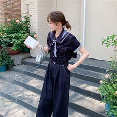 高级感港风牛仔套装女2025夏季新款超好看复古时尚阔腿裤两件套潮，女装套装/套裙，2C307