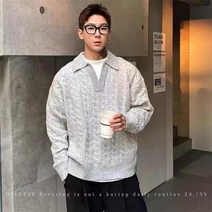 2524-P60 美拉德色系慵懒风假两件毛衣老钱风双层领翻领图片