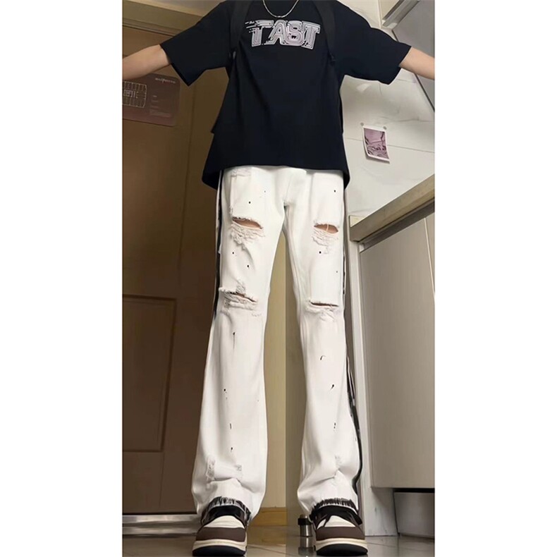新中式夏季美式ins高街hiphop破洞喷漆牛仔休闲长裤货号K739P65,男装休闲裤,电商A063