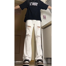 新中式夏季美式ins高街hiphop破洞喷漆牛仔休闲长裤货号K739P65，男装休闲裤，电商A063