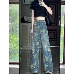 【有货】花朵牛仔裤男美式复古oversize裤子高街直筒NKT01LL-P55图片