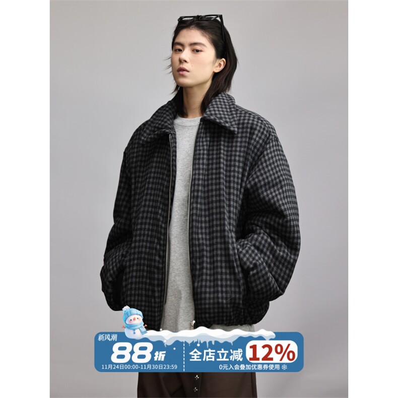 网图老钱风格子毛呢加厚棉衣外套男士潮流美式短款棉服特P85,男装棉衣,电商C306-1