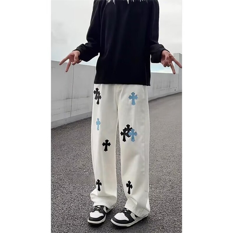 2025春季重工贴皮十字架刺绣阔腿牛仔裤男宽松轻奢长裤子NZR960,男装牛仔裤,星座516A