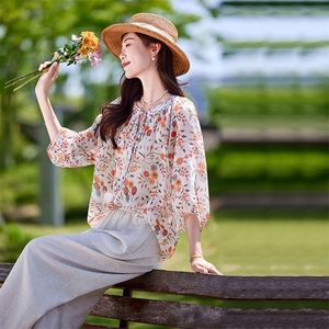 时尚休闲气质衬衫套装女2025夏新款宽松减龄显瘦亚麻阔腿裤两件套图片