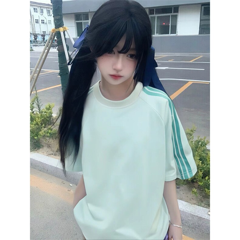 抖音得物品质二开240克宽松纯棉美式潮牌印花三条杠中性风短袖T恤,男装T恤,电商A486-1