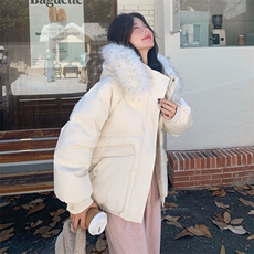米白色大毛领羽绒服外套女秋冬2025新款独特设计白鸭绒保暖面包服，女装羽绒服，2B188