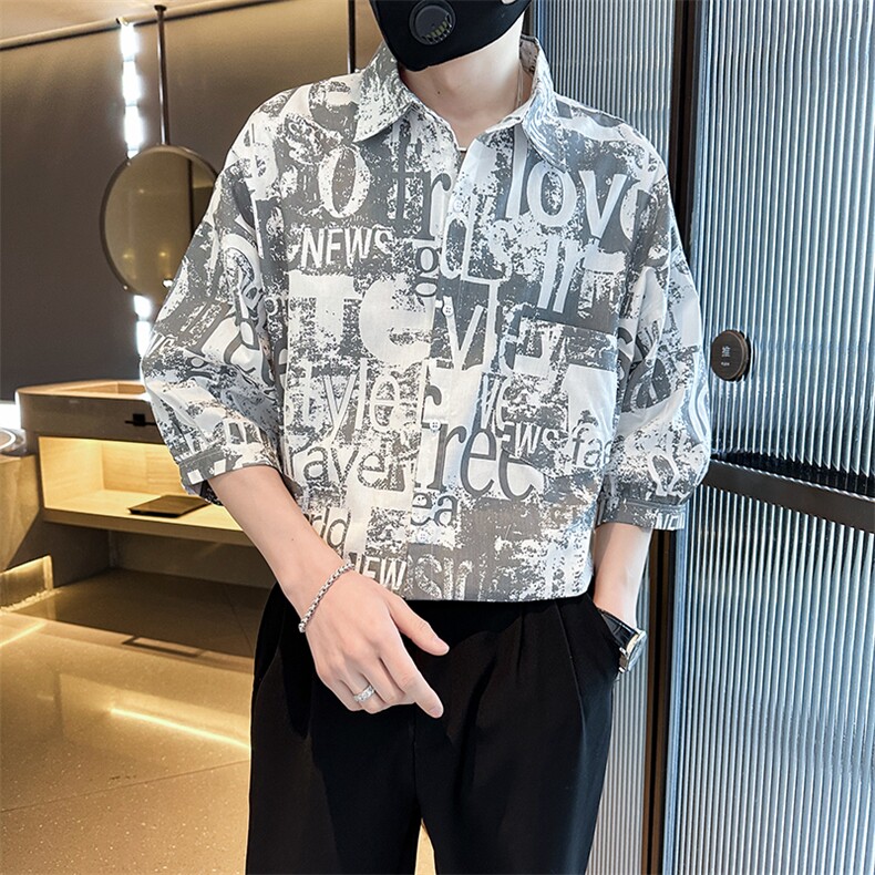 2025春季新款衬衫男士七分袖印花衬衫潮牌宽松上衣901C16P58,男装衬衫,星座901