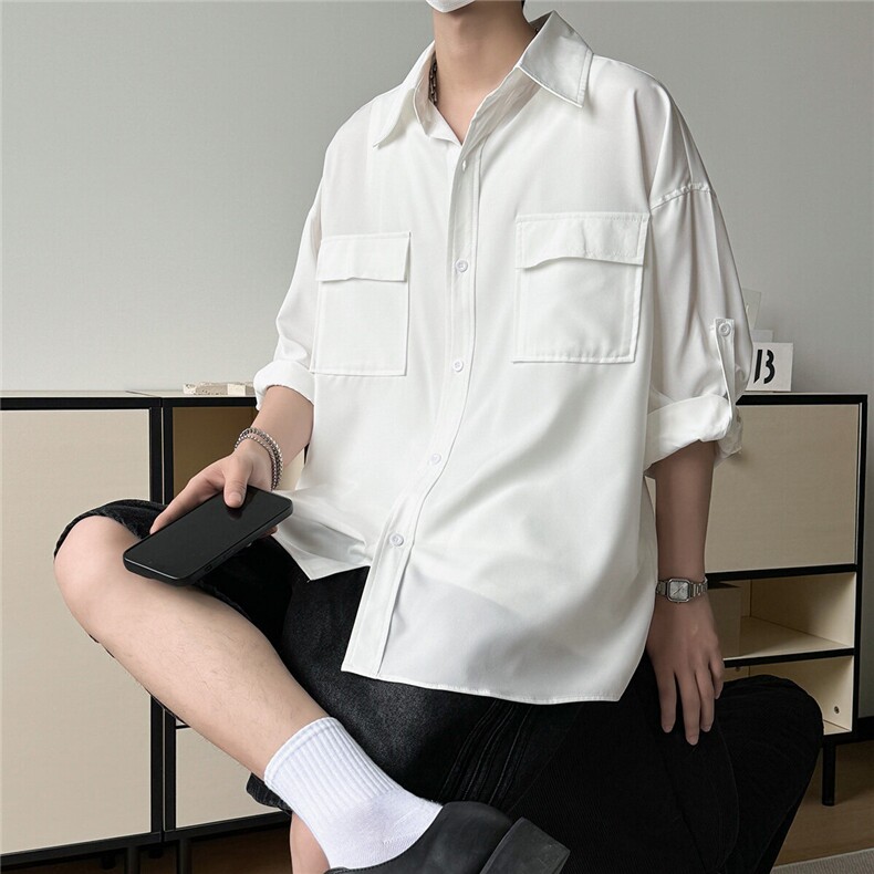 C5041/P35夏季薄款凉感冰丝短袖衬衫男宽松纯色大码七分袖衬衣，男装衬衫，电商A141