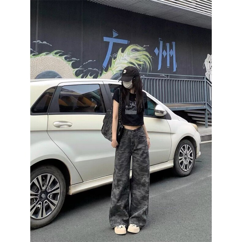 美式迷彩直筒牛仔裤女2025年夏季小个子高腰宽松显瘦阔腿裤新款,男装牛仔裤,星座1210-1