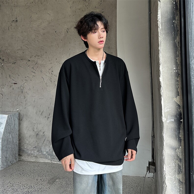 高质量高街男款双层拉链深V领纯长袖T男A071-T51-P58（现货），男装T恤，电商A071