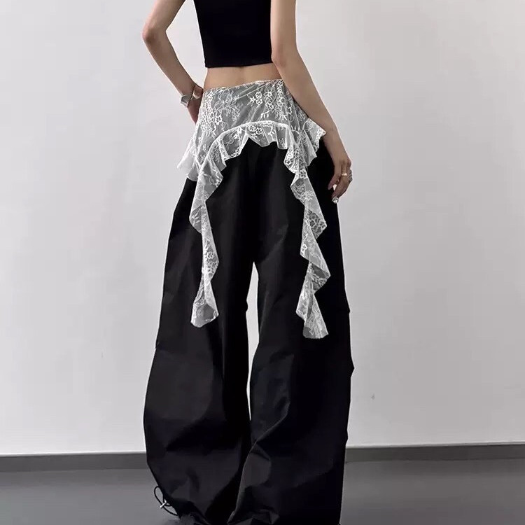 美式辣妹蕾丝拼接屁帘工装裤女2025春夏薄款宽松跳舞阔腿降落伞裤,女装休闲裤,星座1210-1