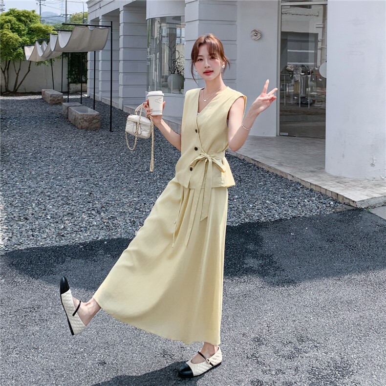 高转化26年夏装新款天丝麻系带马甲+裙子两件套182-8703P175K258,女装套装/套裙,帛香坊