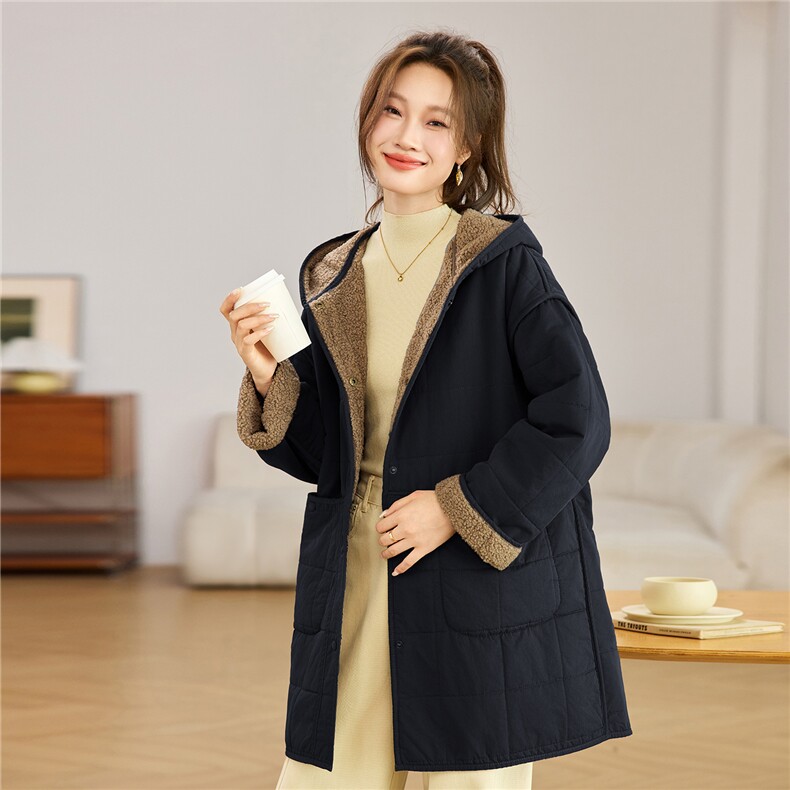 叶笙衣82592棉布拼泰迪绒长款外套,女装棉衣/棉服,叶笙衣