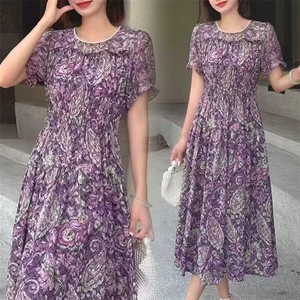 （现货）紫色碎花收腰显瘦V领连衣裙子夏款中长款连衣裙女装图片