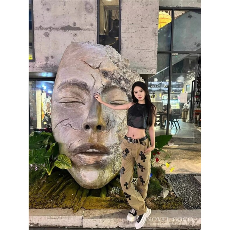 卡其色十字架拼皮牛仔裤女口袋宽松个性中低腰直筒显瘦休闲长裤女,男装皮裤,星座506A