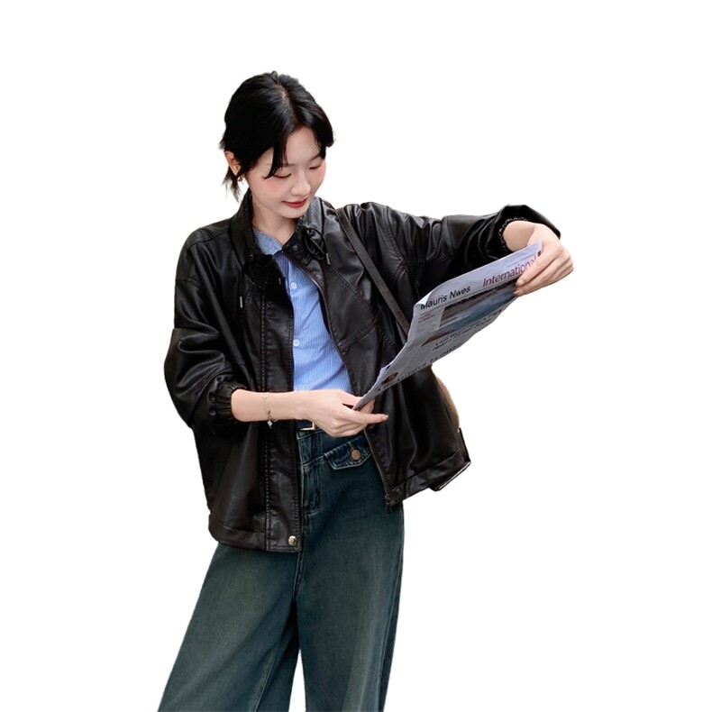 高级感立领咖色短款皮衣外套女春秋2025新款小个子PU夹克百搭超火,女装皮衣,2C092