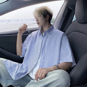 B221 美式ins高街宽松薄款条纹短袖衬衫SY2552-特P28控49图片