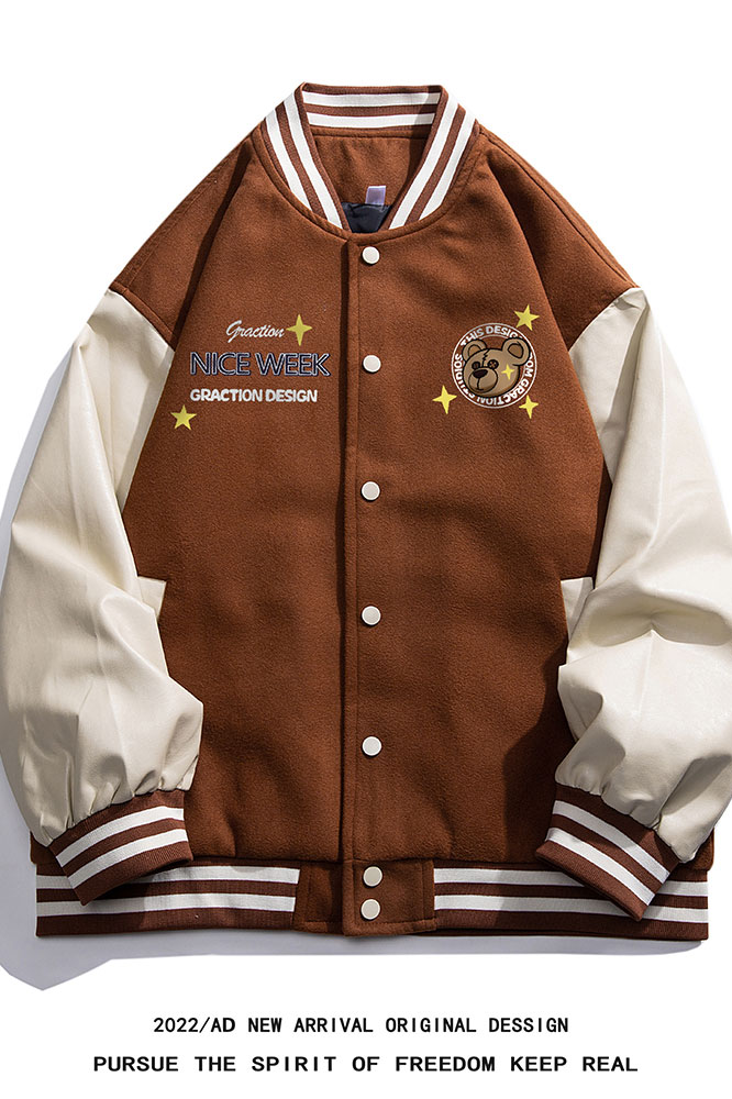 白底23春季潮流时尚小熊印花PU皮拼接棒球服夹克外套G643P85控108,男装夹克,电商A247-1