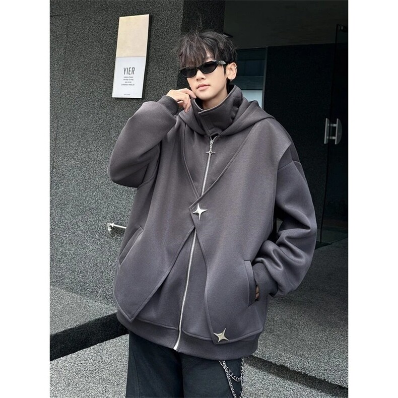 暗黑系假两件连帽卫衣男春秋季vibe美式复古宽松休闲痞帅拉链外套，女装短外套，星座813-2