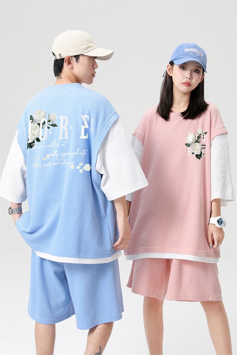 中性风夏季新款华夫格情侣装印花套装一套TZ617P75控98,女装运动套装,A247A
