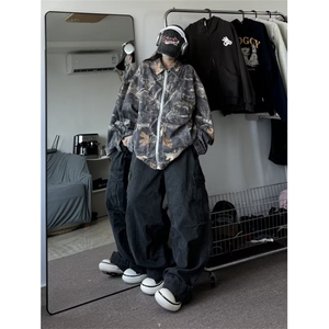 迷彩枫叶树枝落叶满印外套王嘉尔同款男女多口袋牛仔拉链工装夹克图片