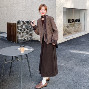 轻熟简约风咖色毛呢外套半身裙两件套女秋冬显瘦气质套装图片