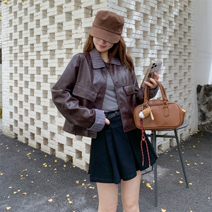 甜酷条纹短款pu皮衣半身裙套装女2025春秋季新款高级感显瘦两件套图片