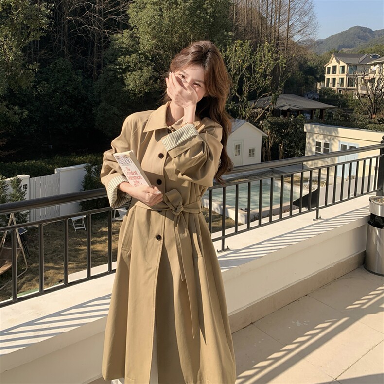 卡其色英伦风衣外套女2025春季新款女装简约大方穿搭系带收腰大衣,女装风衣,难舍钰依