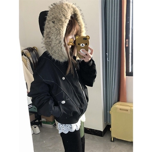 现货重磅boxy短款棉衣座山雕大毛毛领男女棉服水洗工装厚外套图片
