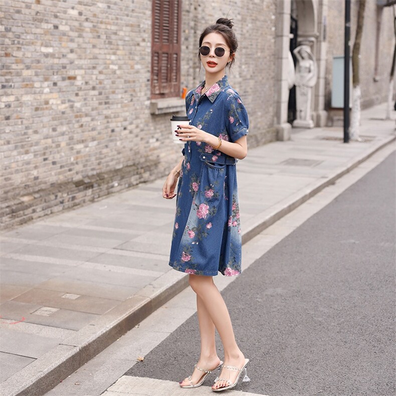 时尚牛仔印花连衣裙修身显瘦高腰A字裙夏季新款,女装连衣裙,秋水欣儿