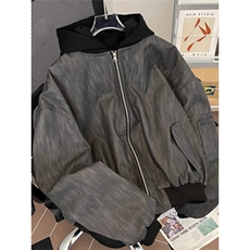 JK8539-P77美式复古飞行员夹克假两件pu皮衣外套男女潮高级感，男装皮衣，电商B323A