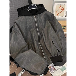 JK8539-P77 美式复古飞行员夹克假两件pu皮衣外套男女潮高级感图片