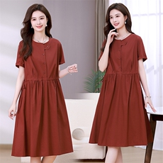 2025年夏季休闲套头圆领短袖纯色中长款连衣裙，女装连衣裙，简韵佳