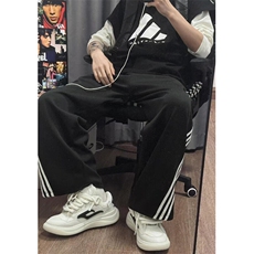 三条杠条纹撞色阔腿弯刀裤子男女春设计感宽松运动卫裤KB883，男装休闲裤，星座1116A（原606A-3）