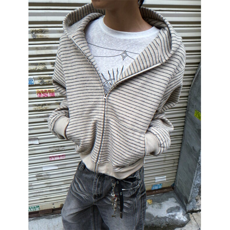 网图条纹连帽拉链外套男2025新款设计感宽松美式开衫卫衣特P68，女装短外套，电商C306-1