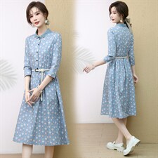 春秋新款纯棉印花衬衫式连衣裙拼花边立领七分袖文艺大摆裙，女装连衣裙，木橙西子