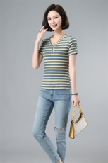 2023夏装新款条纹短袖T恤女V领修身弹力款，女装T恤，伊满意
