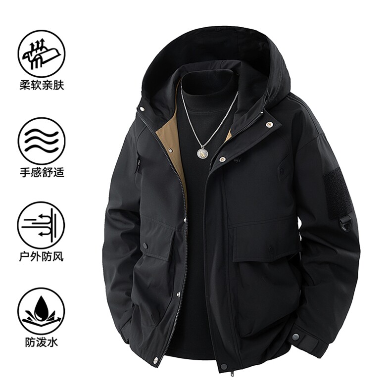 新款硬汉风户外夹克男连帽纯色上衣冲锋衣外套DSA157B-J2527-P65，男装夹克，电商A157B