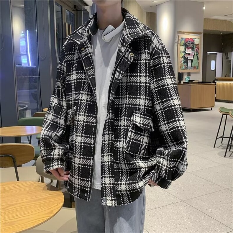 小香风格子外套男春秋款新款秋冬宽松休闲毛呢大衣潮牌LS6578P70，男装毛呢大衣，星座1013-5