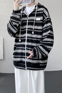 8XL-M 潮情侣美式磨毛编织条纹针织衫卫衣宽松拉链外套WY30P88图片