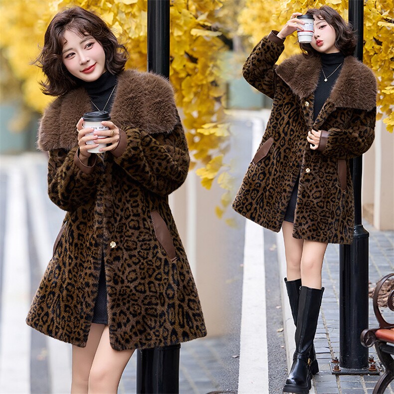 冬季气质女神美拉德豹纹进口金貂仿貂拼皮中长款高档仿皮草大衣潮,女装皮草,江南女神