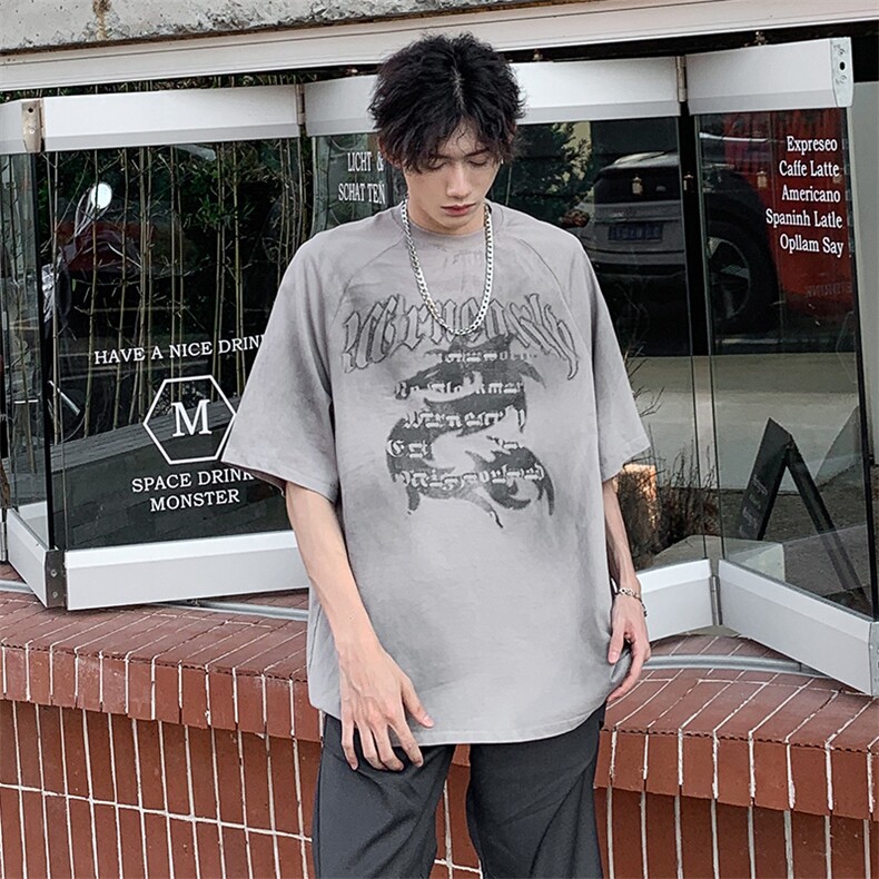 复古美式撞色插肩袖男短袖夏季宽松潮牌T恤图片