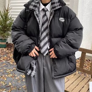 F614P88美式复古宽松防风面包服设计感拼接格子翻领棉服加图片