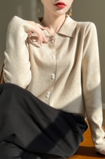 polo领长袖针织衫女秋2024秋装翻领纯色单排扣毛衣短款，女装针织衫/毛衣，皓宇羊绒