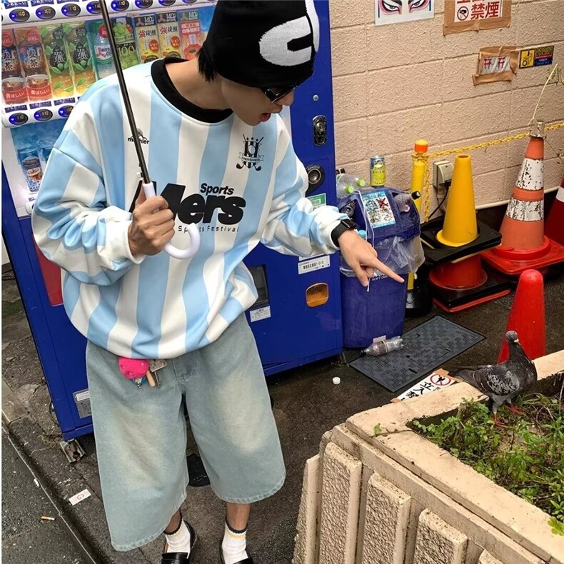 JIANYINZ美式复古条纹圆领套头卫衣男女宽松运动球衣撞色慵懒上衣,男装卫衣,星座506A