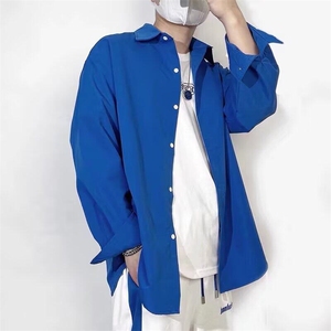 高级设计感克莱因蓝衬衫男长袖休闲宽松秋季冰丝潮薄款垂坠感衬衣图片