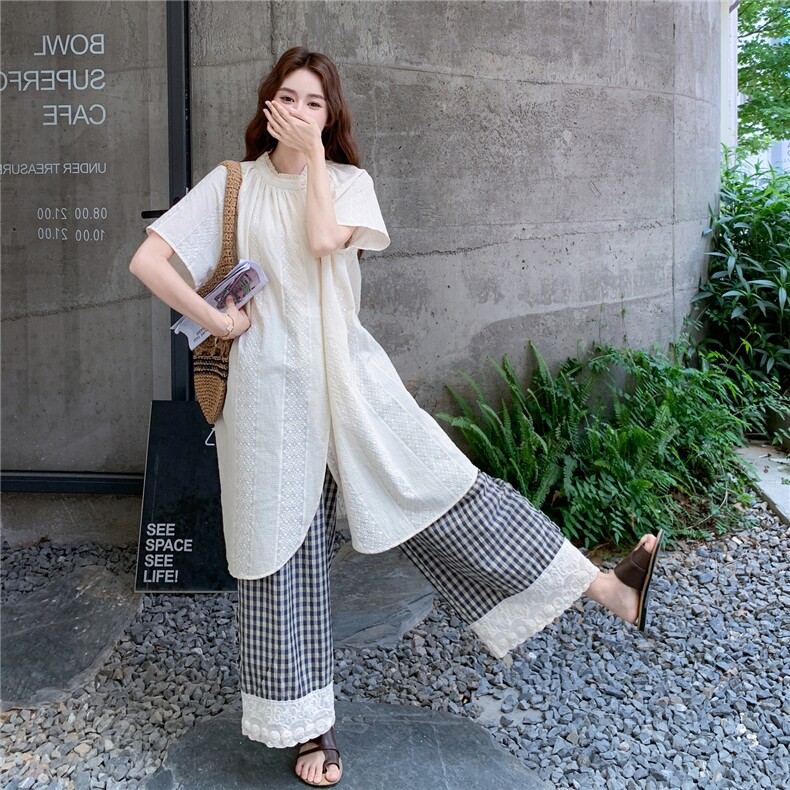 日系文艺刺绣衬衫裙套装女2025夏新款高级感宽松格子阔腿裤两件套,女装套装/套裙,浙宝217
