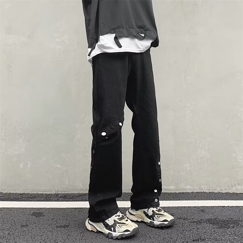 裤脚竖排扣开衩裤子多口袋拉链设计工装裤宽松直筒裤N663,男装工装外套,星座1116A-1（原606A）