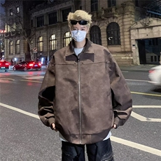 秋季美拉德咖色防水皮夹克男宽松70做旧外套美式上衣女W9309/P70，男装夹克，星座506