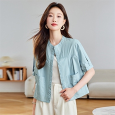 纯棉短袖衬衫女2025夏季新款立领衬衣开衫气质小个子大码短款上衣，女装衬衫，简韵佳